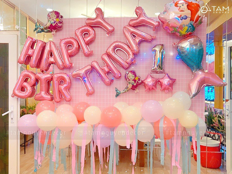 Set trang trí sinh nhật màu hồng nàng tiên cá (tặng bóng số tuổi) NO.8929